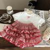 Korean Children's Set Summer Girls' Bow White T-shirt Children's Checkered Cake Skirt Pants Two-piece Set