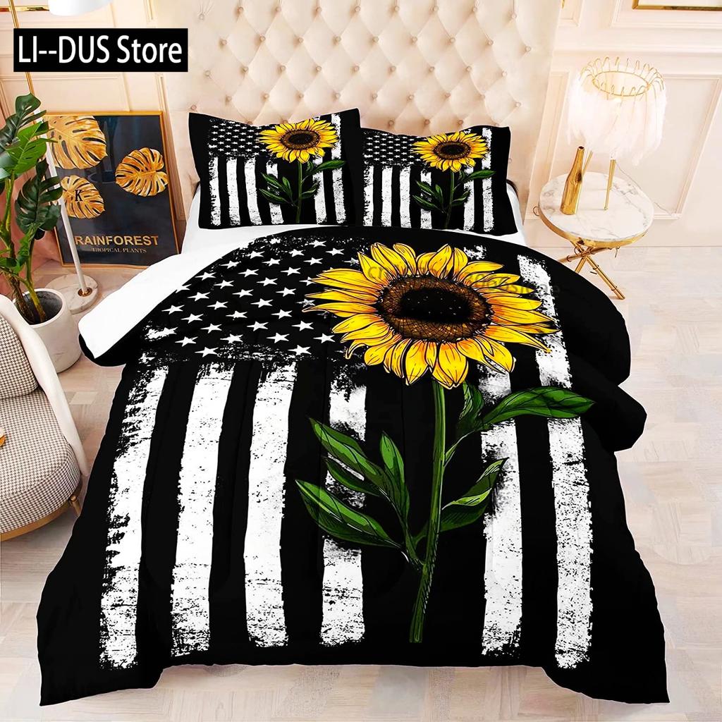 Sunflower Full Size Comforter Sets 3 Piece Black Bedding Comforter Sets Premium Sunflower Decor Bedding Set for Girls and Boys