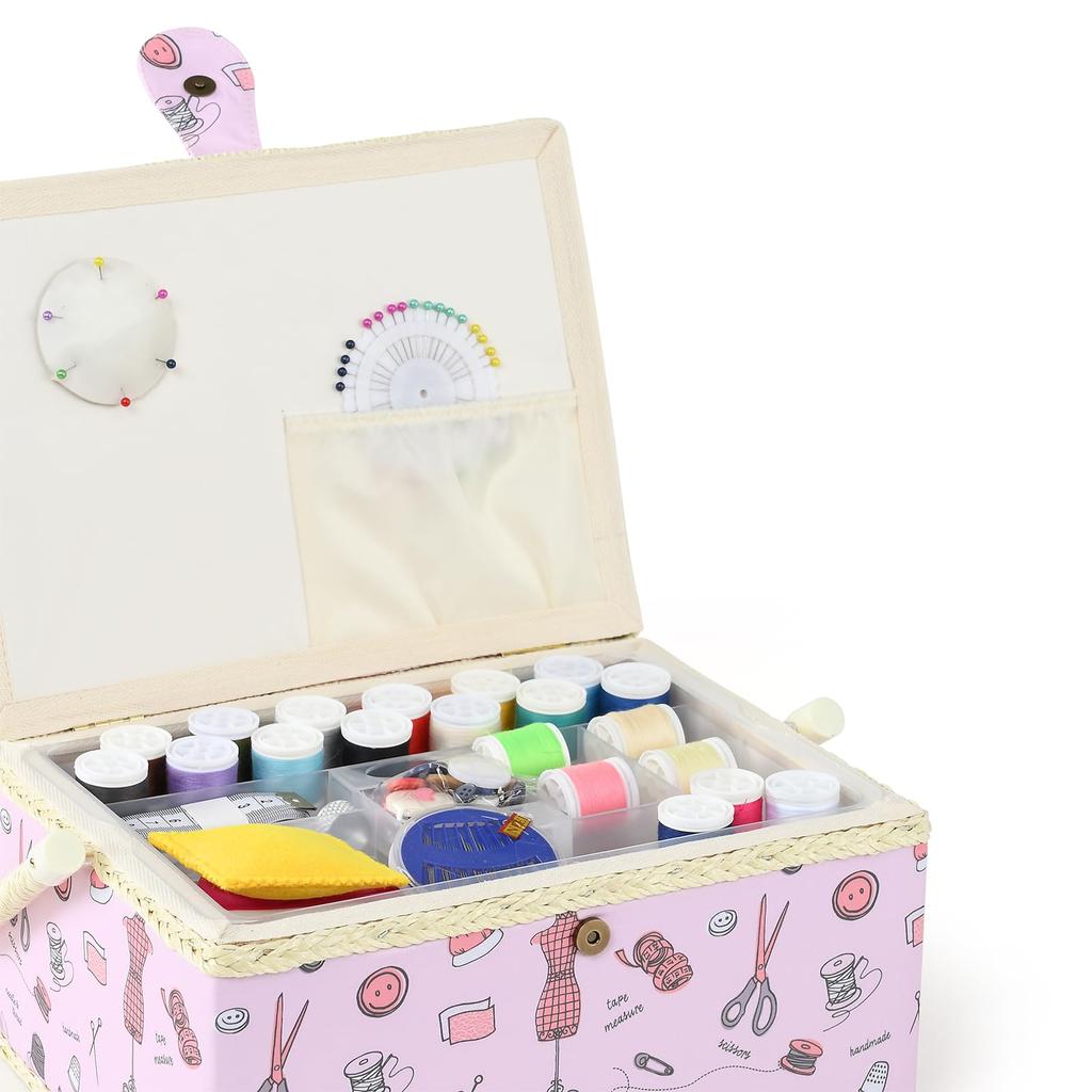 D&D Sewing Box, Sewing Kit, Large Capacity, Double Layer Storage, Sewing Accessory Storage Box 24*17.5*13cm (Large - Pink)