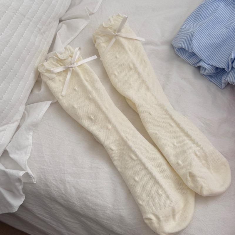 Cute Black Ear-trimmed Mid-calf Socks, Spring and Summer Bow Polka Dot Cotton Socks, Sweat-absorbing and Breathable Boneless Socks for Women