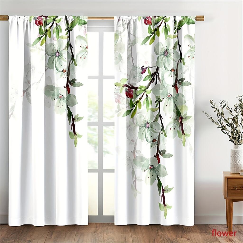 Nordic Fresh Green Leaves Print Curtains Modern Botanical Window Drapes 2 Panels Living Room Bedroom Curtains