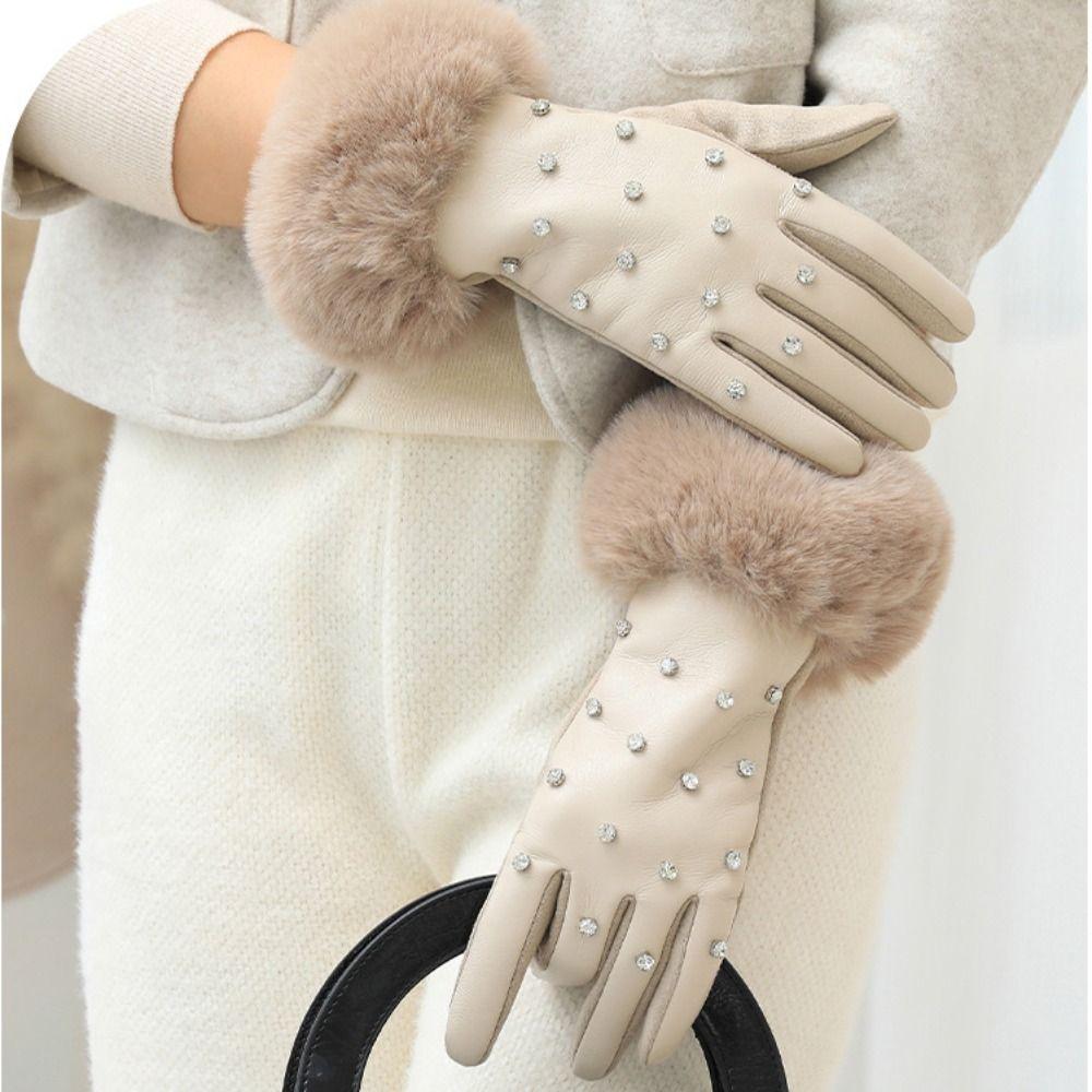 Velvet Rhinestone Winter Gloves Soft Women Warm Mittens All-Match Pu Leather Gloves  Autumn