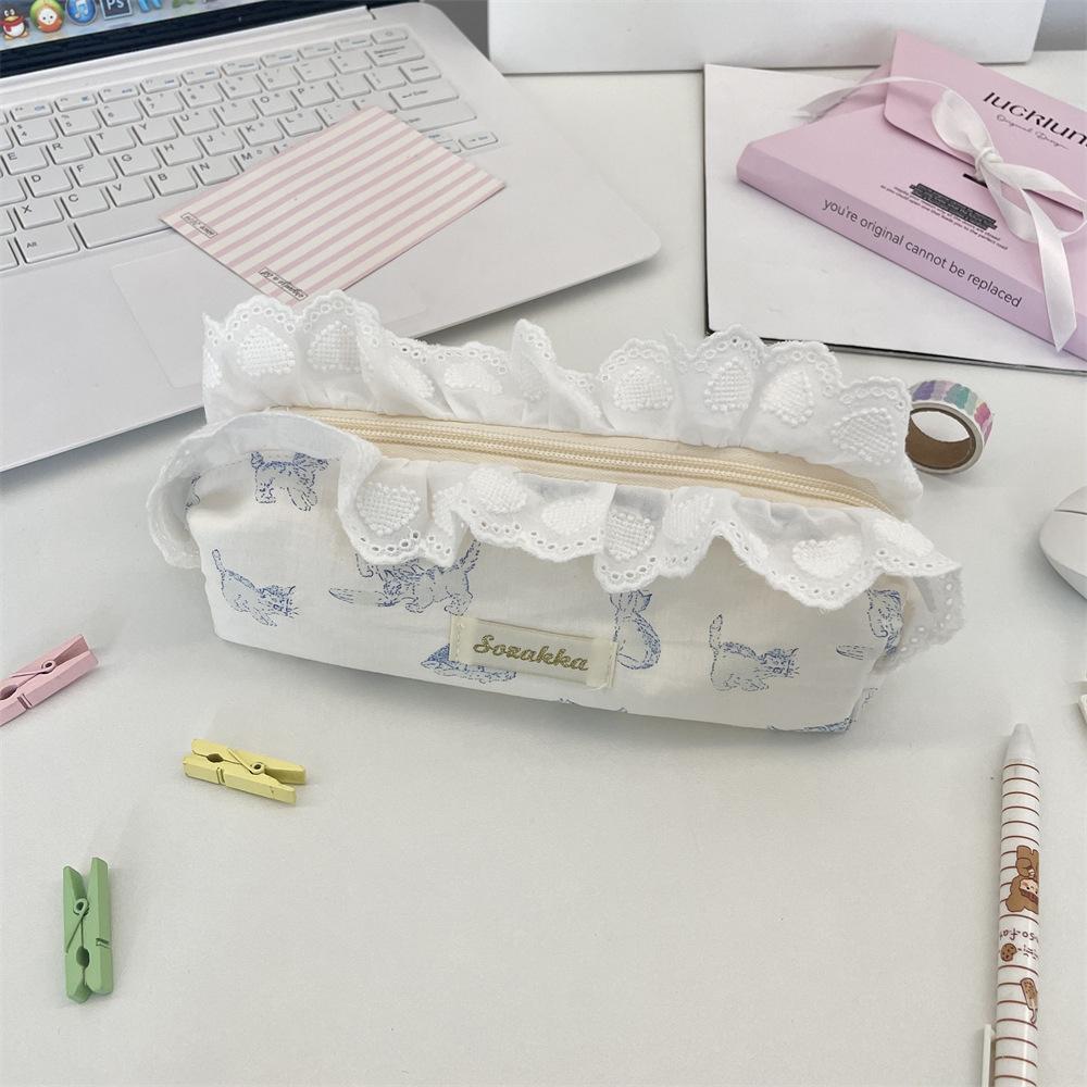 Sweet Lace Ladies Clutch Cosmetic Bags Cute Cat Prints Women's Portable Storage Bags Candy Color Large Capacity Girl Pencil Case