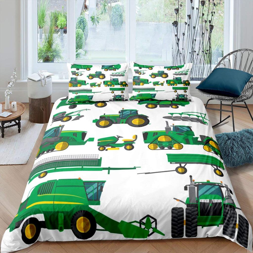 Excavator Duvet Cover Set Microfiber Tractor Truck Comforter Cover Twin Construction Vehicle Cartoon Bedding Set For Boys Teens