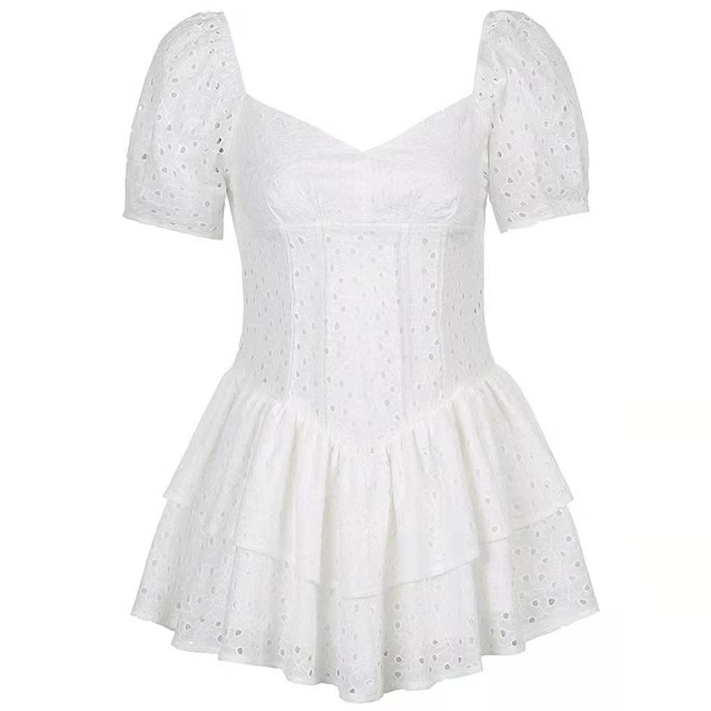 Vestido Pregueado com Babados Decote V Feminino Manga Bufante Chic Preto Vestido de Verão Festa Vazado Vintage Corset Senhoras