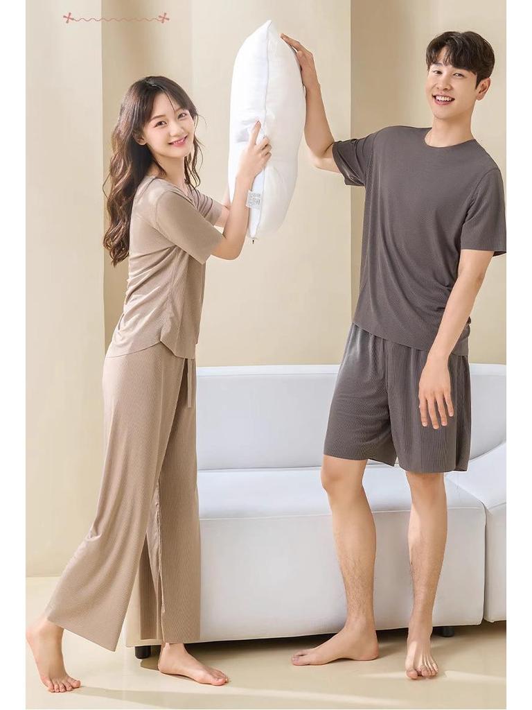 2024 Summer Ice Silk Ribbed Pajama Set - Loose Fit, Plus Size, Solid Color, Two-Piece for Couples.