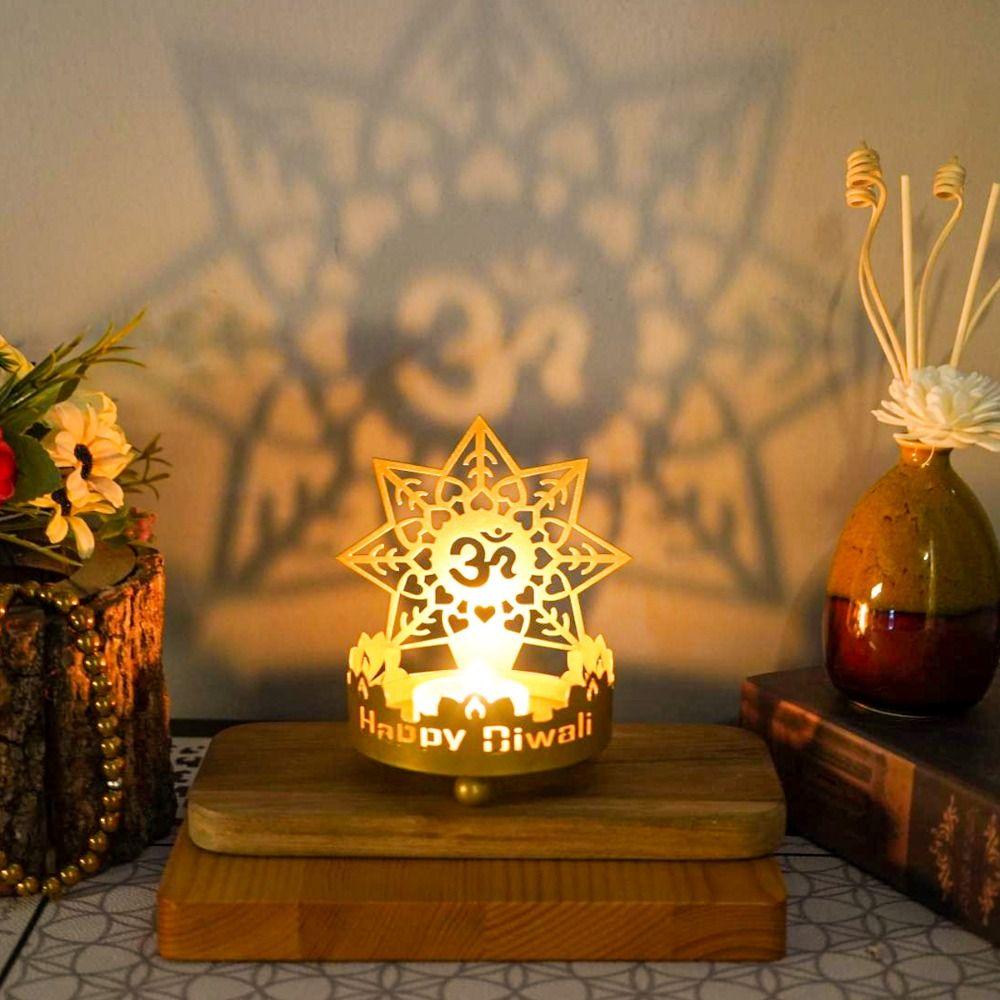 

Exquisite Buddha Statue Candle Holde Iron Art Hollow Carved Candlestick Diwali Festival Style 1