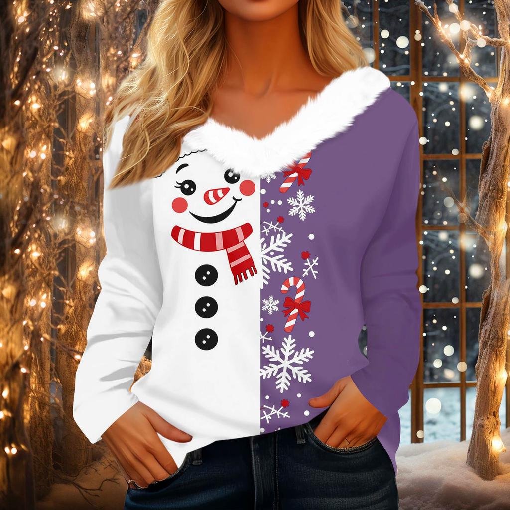 Women's Casual Long Sleeve Christmas Print V-Neck Top with Plush Collar for Holiday Wear
