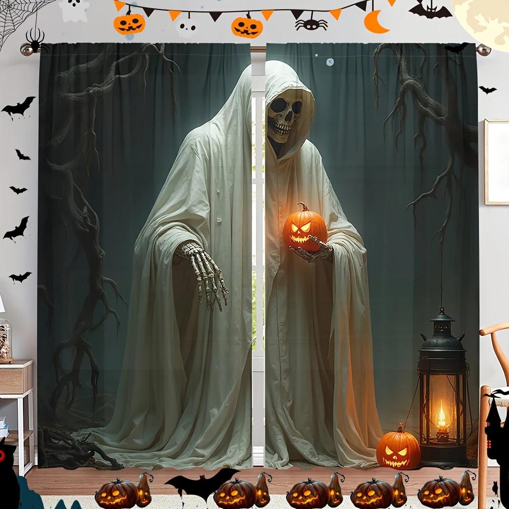 Halloween Skeleton Ghost Pocopied Flower Curtains Pole Bag Home Decorations Room Set Of 2 Made Polyester