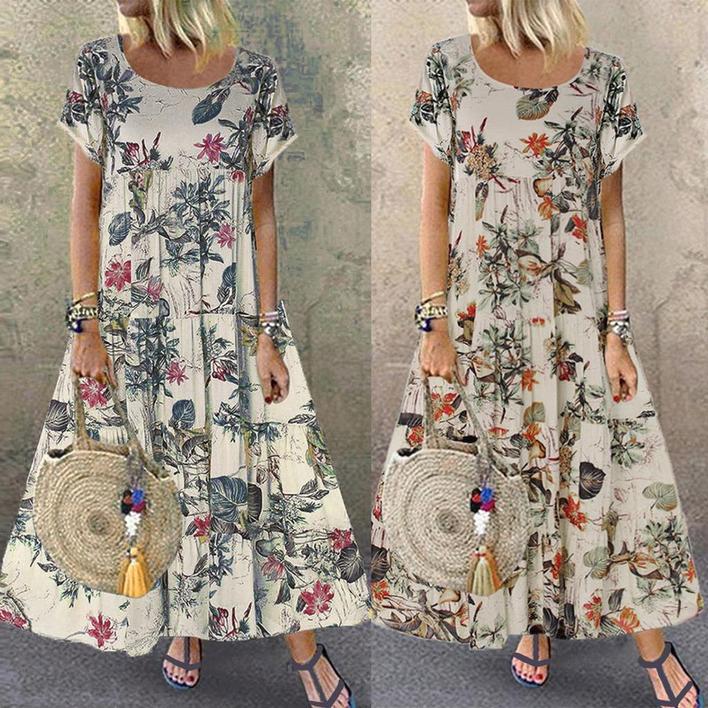 Women's Vintage Print Casual Summer Short Sleeve O-neck Thin Cotton Dresses