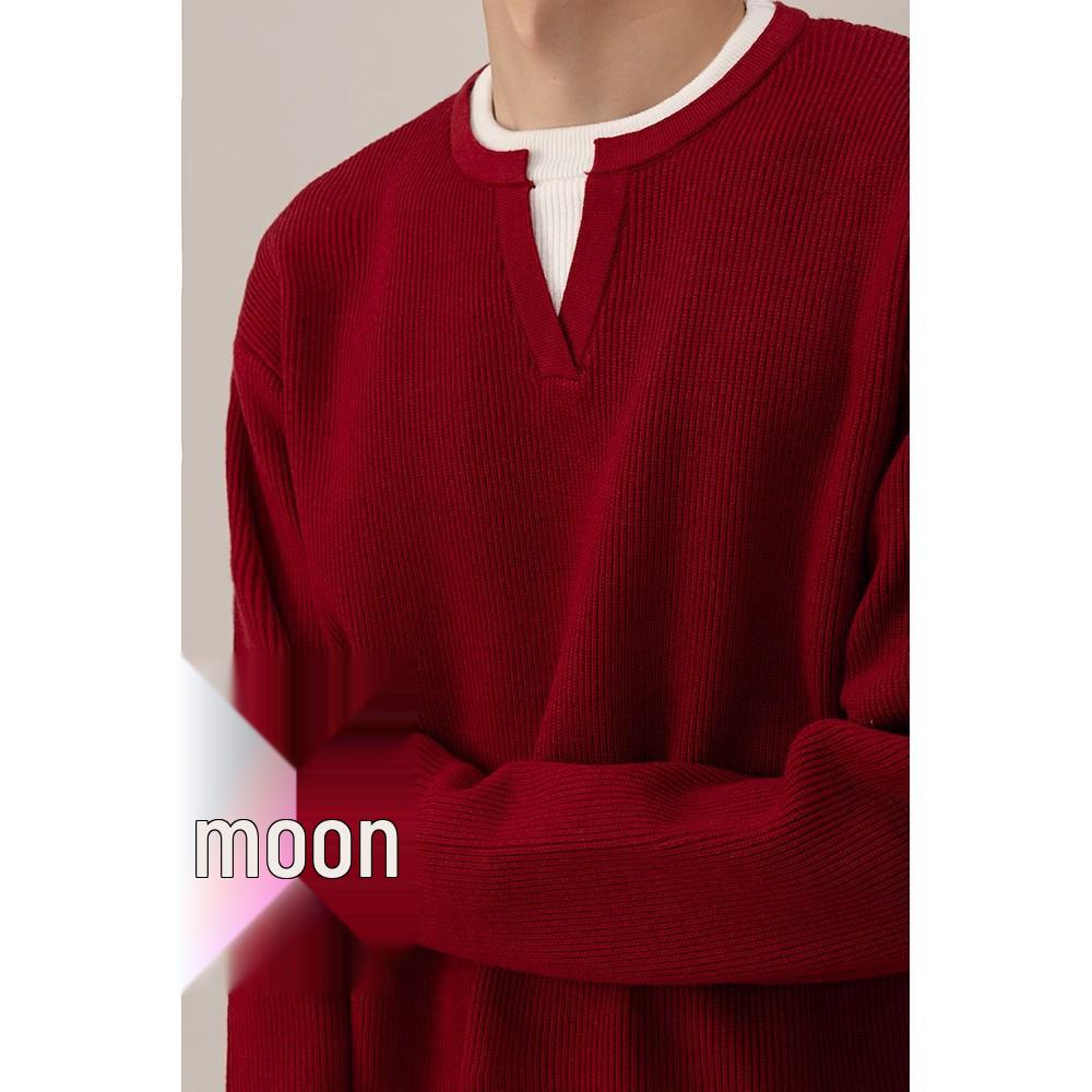 

Men s Red V-Neck Sweater with Fake Two-Piece Design, Zodiac Year Style, Perfect for Autumn and Winter Layers XL