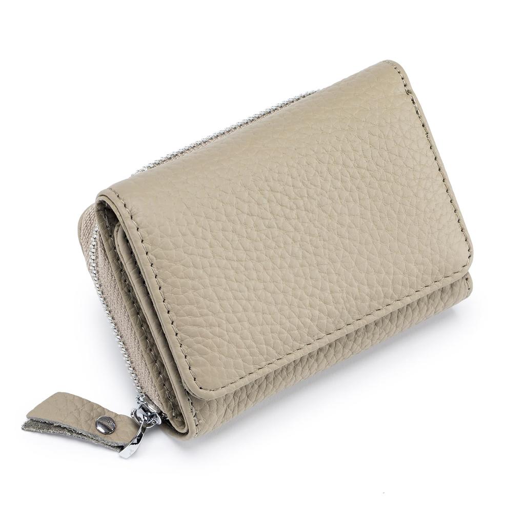Bearneko Women's Mini Wallet, Compact Tri-fold Wallet, Genuine Leather, Anti-Skimming, Coin Purse, Holds 6 Cards, Large Capacity, Unisex (Grey Beige)