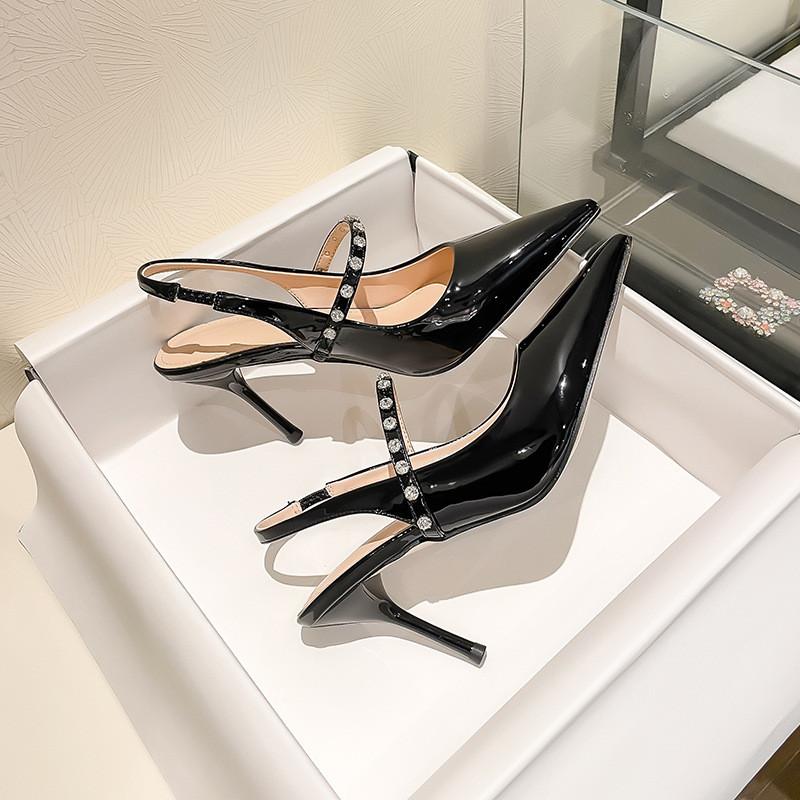 Fashion Star Style Fashion Patent Leather Rhinestones Mary Janes Women Pumps Elegant Pointed Toe Slingbacks Thin High Heels Dress Shoes