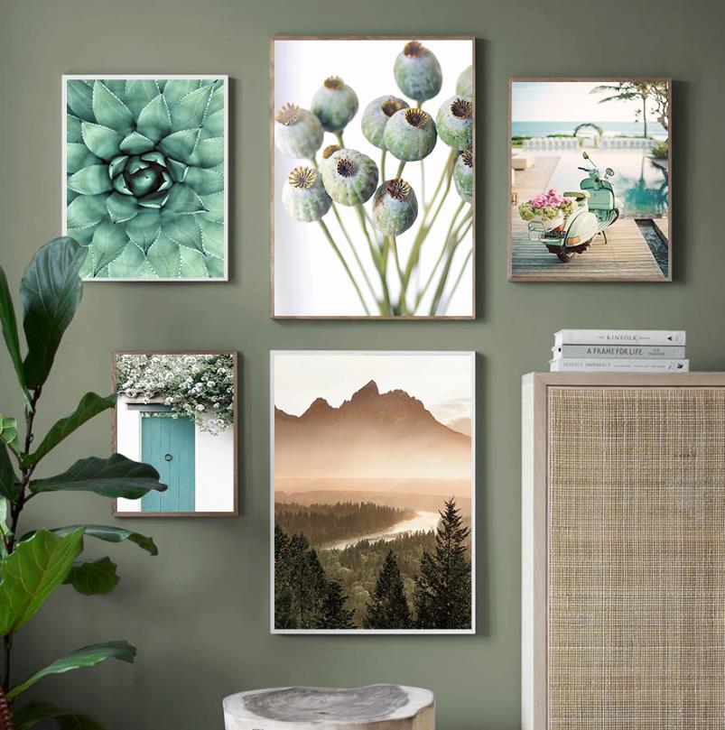 Affiche en toile avec feuilles botaniques vertes, maison nordique, fleur, paysage imprimé, peinture murale, image de plante d'art pour salon et chambre à coucher