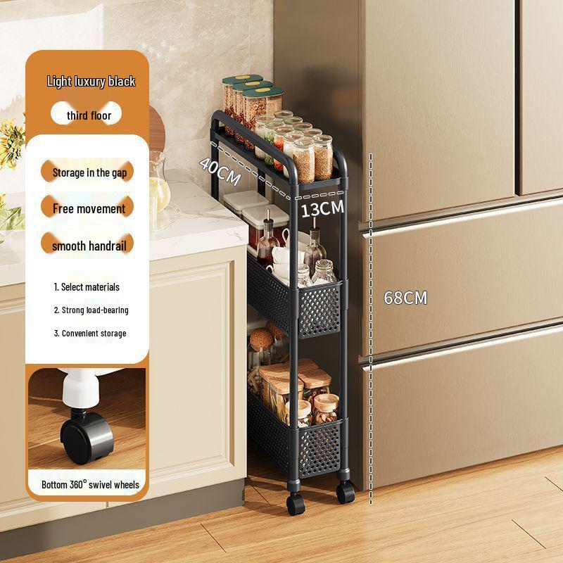 Multi-Layer Narrow Trolley Storage Rack with Wheels for Kitchen or Bathroom