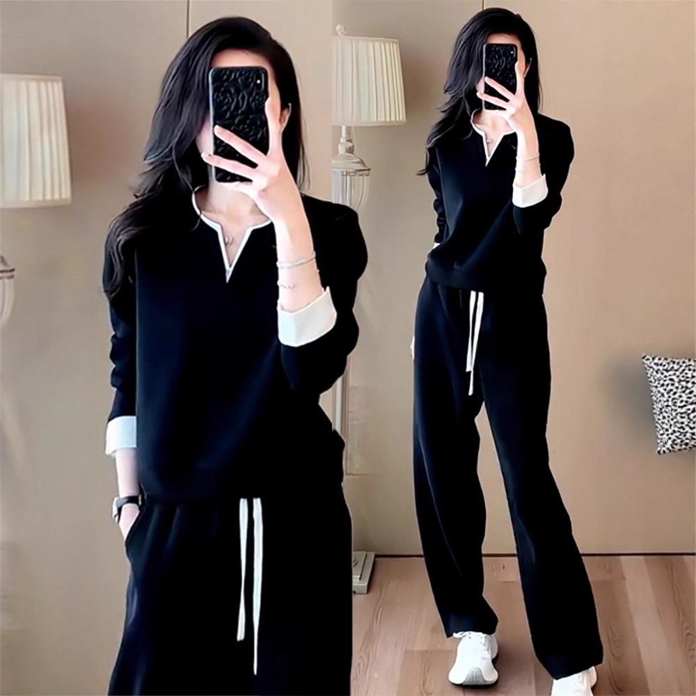 2025 Spring Women's Casual Sports Set: Fashionable Slimming Sweatshirt & Wide Leg Color Block Two-Piece