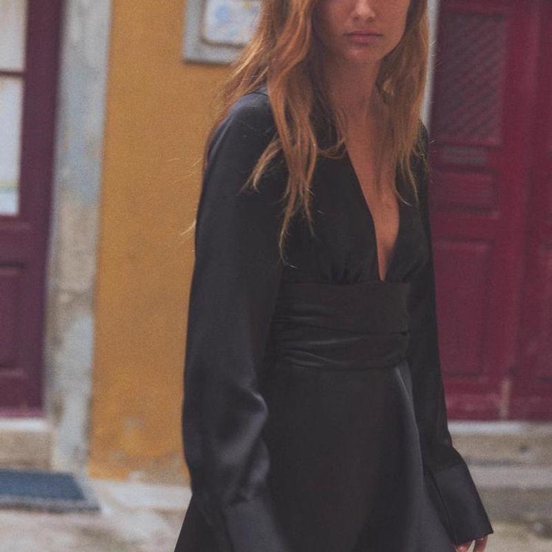 Spring New Women's Clothing French Style Elegant Fashion Silk Satin Texture V Neck Short Version Dress 4764245