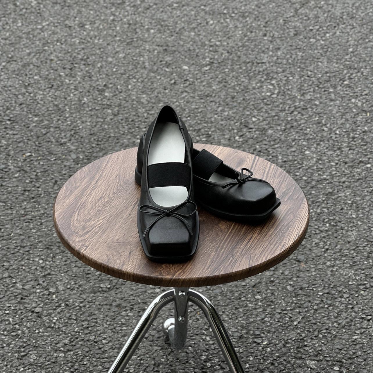 

Cowhide version~ Square head shallow mouth Mary Jane shoes women s new bow leather single shoes ballet platform small leather shoes 35 чёрный