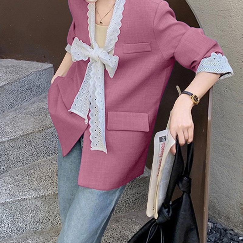 VONDA Women V-Neck Bow Lace Patchwork Long Sleeve Button Thin Cardigan Blazer