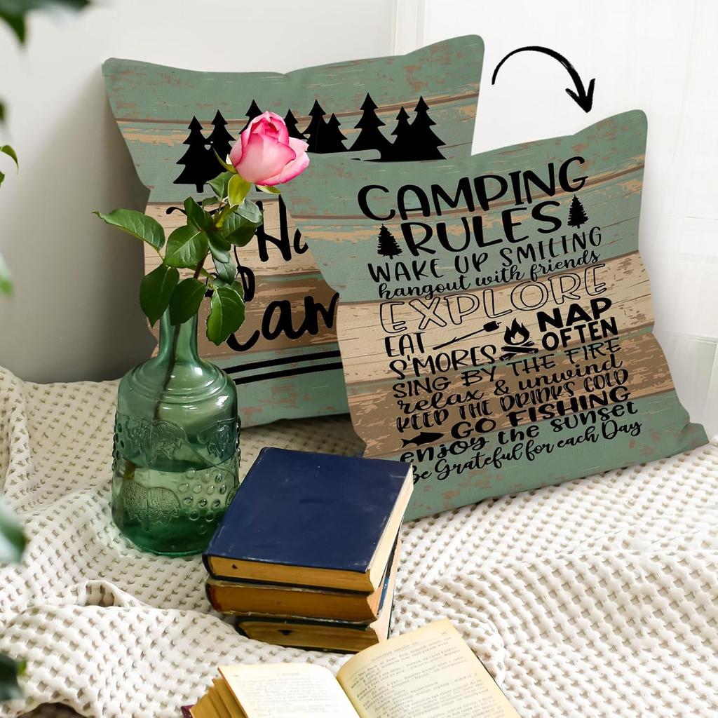 Rustic Happy Camper Wood Board Reversible Throw Pillow Cover, Camping Camper Gifts for Women Men, Camping Rules Pillow Case 18 x 18 Inch Home RV