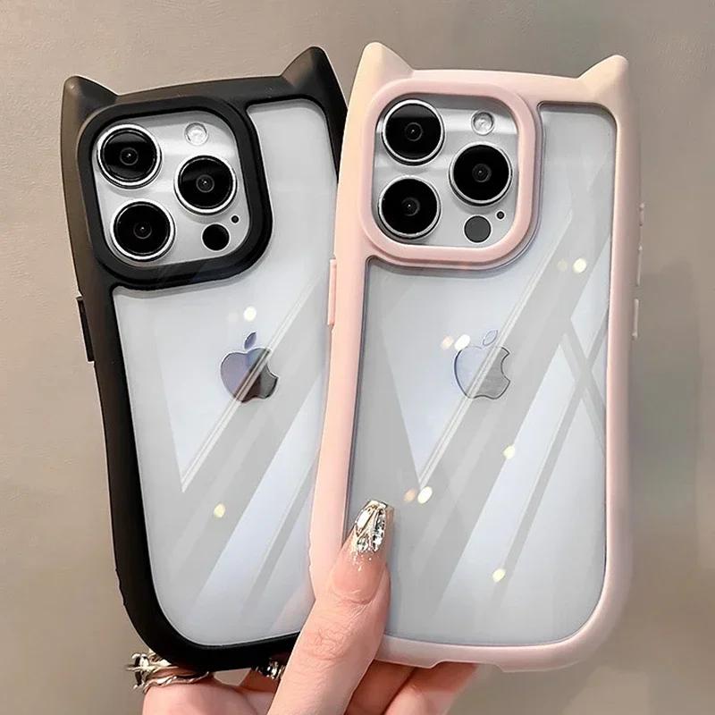 

Soft Silicone Cute Cat Ear Phone Case for iPhone15 11 13 12 14 ProMax Plus Transparent Shockproof Hard Acrylic Bumper Back Cover For iphone 14 plus сірий колір