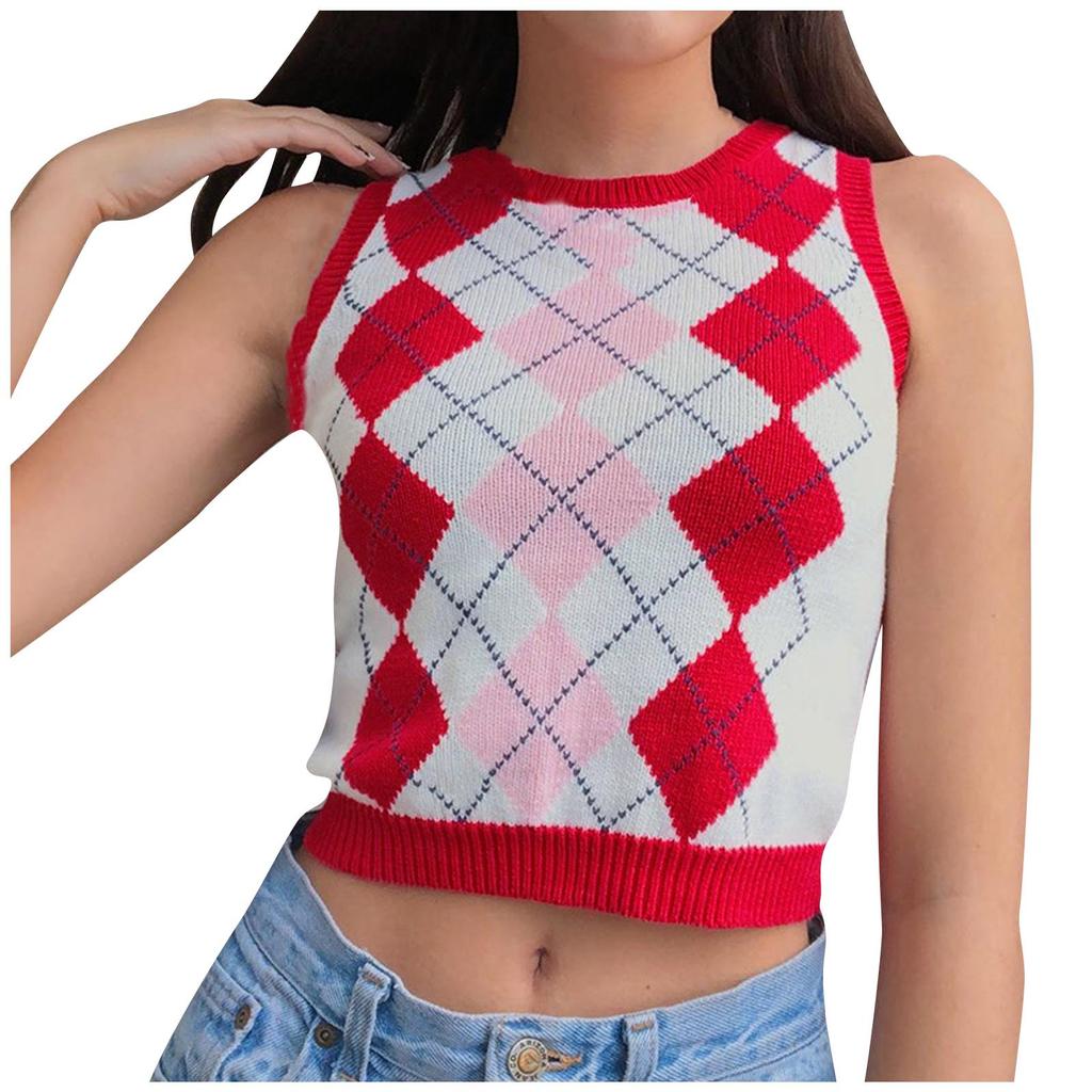 Womens Casual Plaid Knitted Tank Top  Knitwear Preppy Style V-Neck Vest Sweater