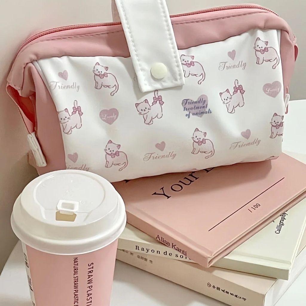 Cat Cartoon Canvas Pen Bag With Large Capacity And Portable Design For Students And Girls