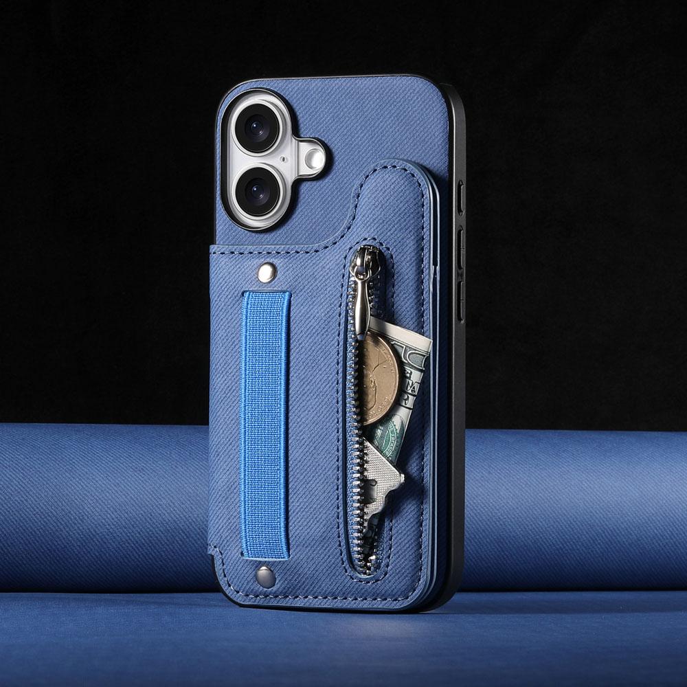 Zipper Cards Solt Wallet Leather Case for iPhone 16 15 13 Pro Max 14 Plus 16Pro 15Pro Elastic Rope Wrist Leather Cover