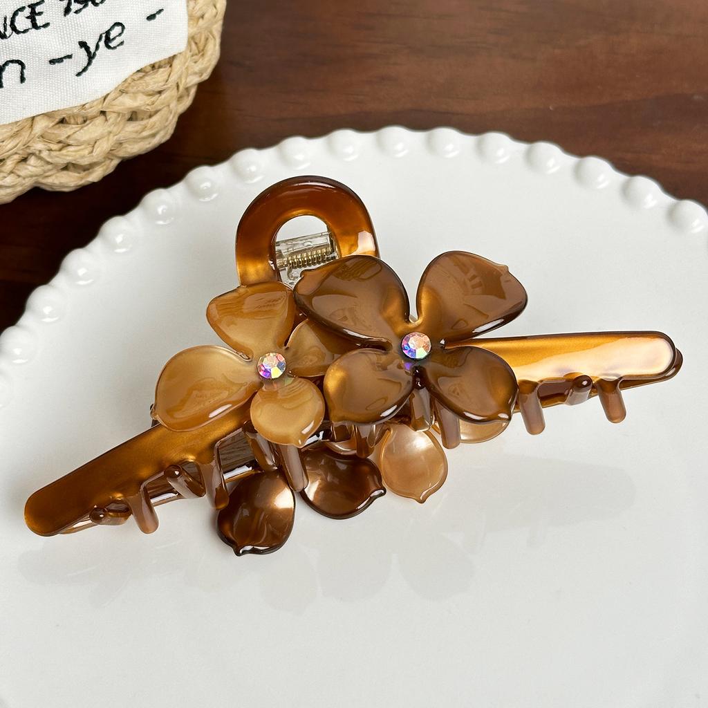 Large Extra Stylish Hair Claw Clip In Acetate With Elegant Flower Motif And Eyecatching Rhinestones Women For