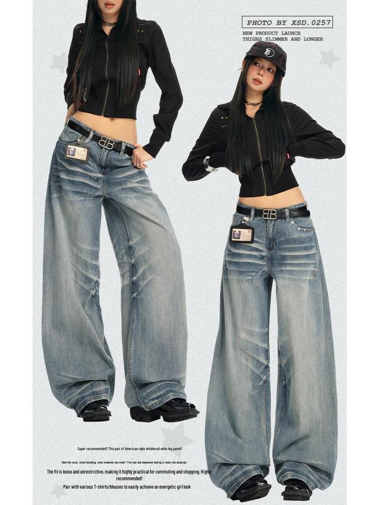 Women's Distressed Embroidered Vintage High-Waist Wide-Leg Jeans - Trendy & Slimming