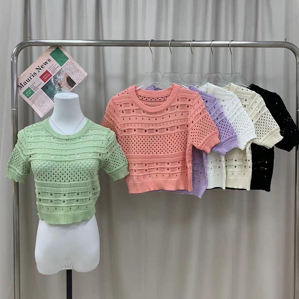 Design Printemps Été Sens du Design Creux Manches Bouffantes Style Étranger Pull Court en Maille Fin Polyvalent Col Rond Hauts Pulls Décontractés pour Femmes T-shirts