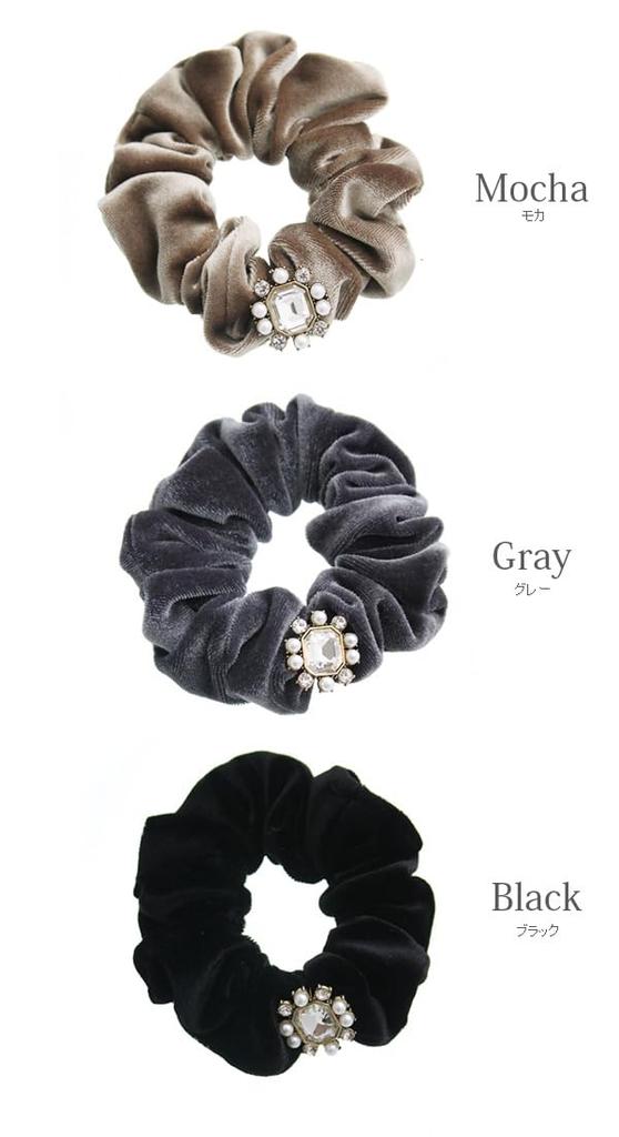 VINGTAINE Velvet Scrunchie with Antique Cute and Stylish Hair Present Beads, Style, Accessory, Gift, (HS-188-GY)