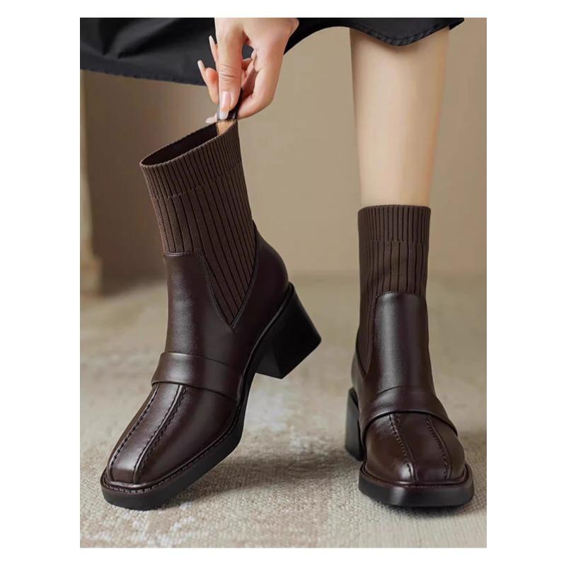 Retro Knitted Tube Thick Heel Short Boots Women's Autumn and Winter New Square Head Soft Leather Thin Boots High Heel Elastic Socks Boots