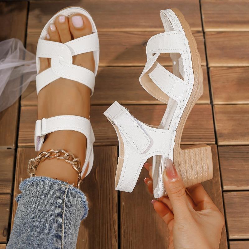 

Large size Velcro thick heel sandals women s spring and summer new open-toed hollow cross fashion high-heeled sandals 43 белый
