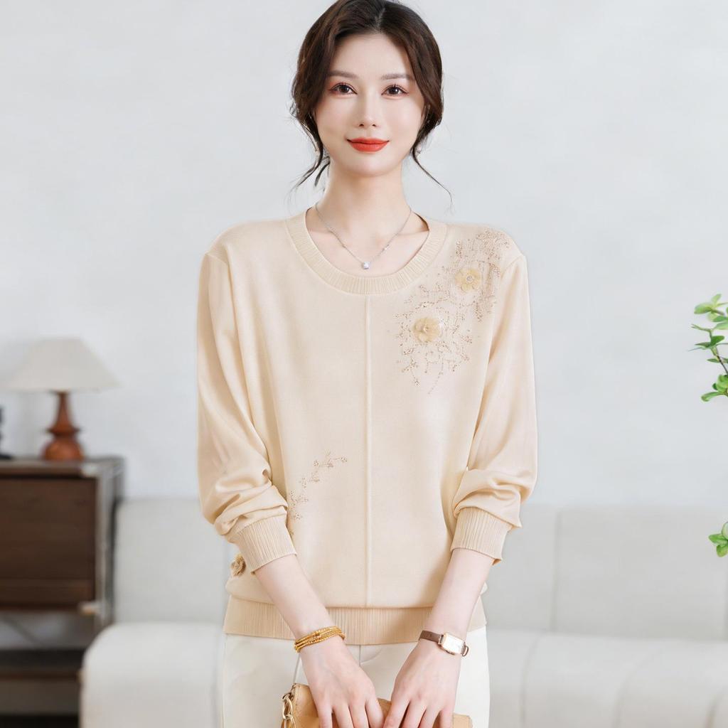 Mom's Gauze Sleeve Long-Sleeve Knit Top for Middle-aged Women - Lightweight Spring/Autumn Wear