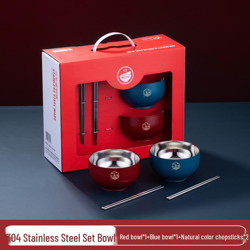 Red 304 Stainless Steel Bowl Set, Double-Layer, Anti-Scald, Heat Insulation - Available in Four or Six-Piece Sets.