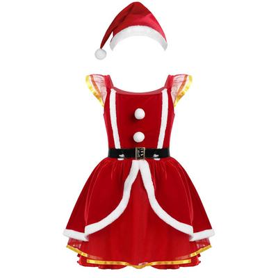 Kids Girls Christmas Santa Claus Dress Costume Soft Velvet Camisole Mesh Tutu Party Princess Dress With Hat Outfits