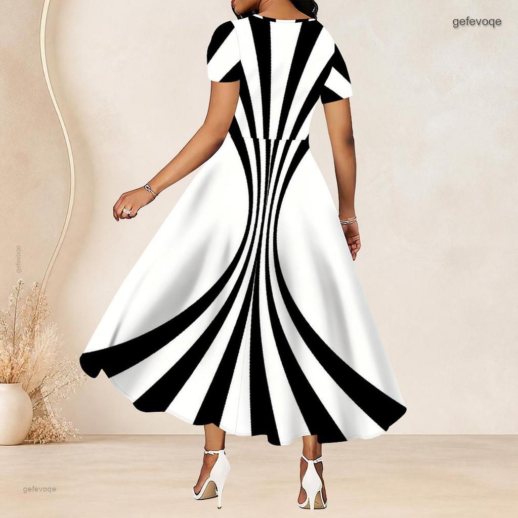 Women Plus Size Round Neck Short Sleeve Black White Striped Printed Gathered Waist A Line Long Dress