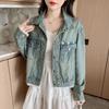Design Sense Splicing Lace Edge Denim Jacket Women's Spring New Retro Versatile Light Color Jacket Top