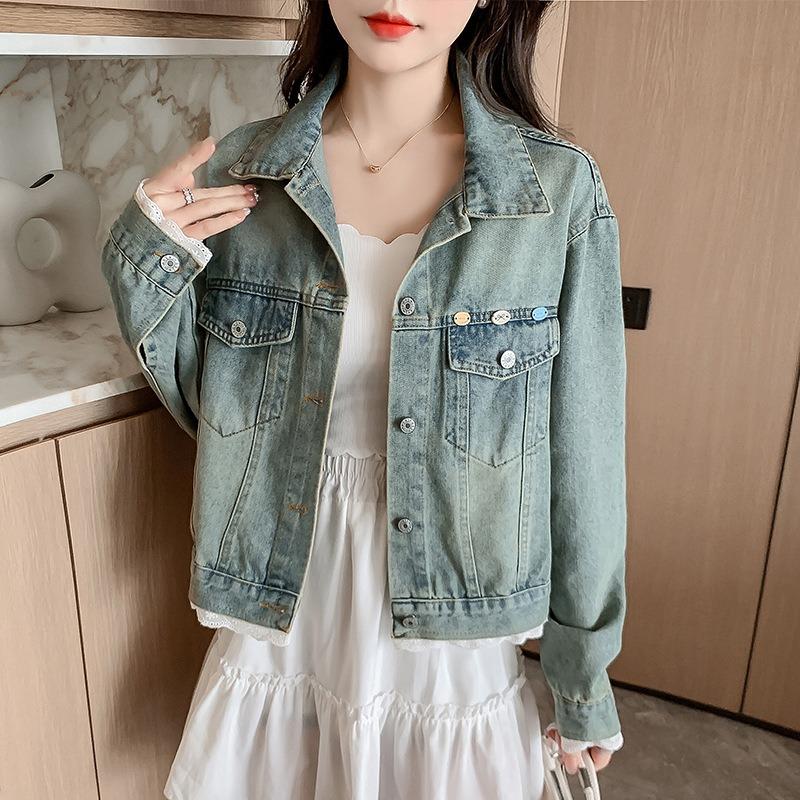 Design Sense Splicing Lace Edge Denim Jacket Women's Spring New Retro Versatile Light Color Jacket Top