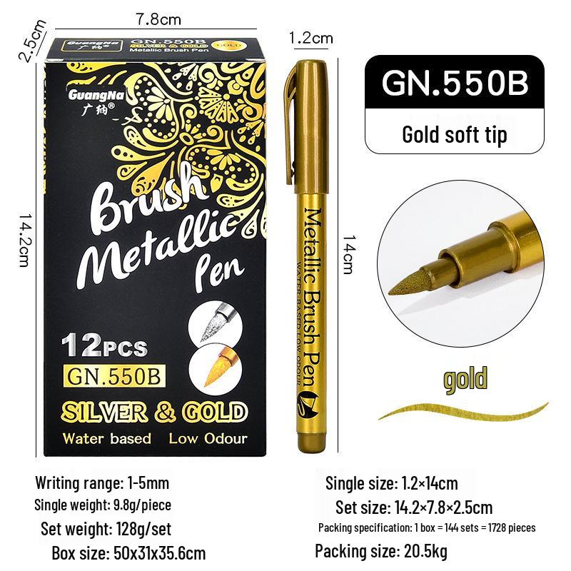GN550B Metallic Kleur Zachte Punt Markers - Goud, Zilver, Koper Borstel Graffiti Pennen