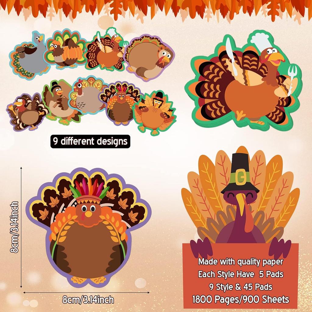 45 Pads 900 Sheets Thanksgiving Sticky Notes Turkey Self Sticky Memo Pads Adhesive Cute Sticky Notes Self Stick Pads for Office School Classroom