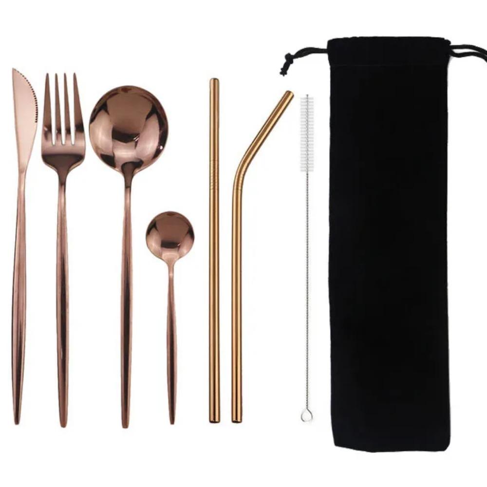 8Pcs/set Tableware Reusable Travel Cutlery Set Camp Utensils Set with Stainless Steel Spoon Fork Chopsticks Straw Portable Case