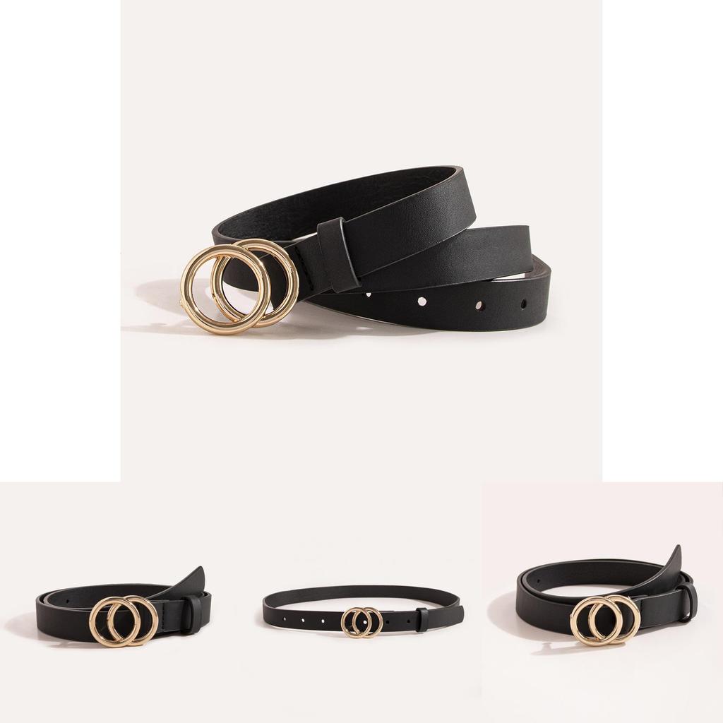 Ladies Double Ring Pu Belt With Alloy Clasp For Stylish Daily Accessory