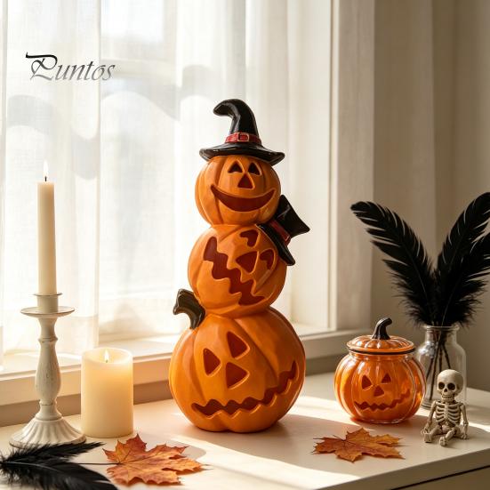 LED Pumpkin Light Halloween Spooky Lighted Figurine, Up Stacking Statue with Warm Decor Witch Hat for Home, Office, Haunt House, Indoor Outdoor Table