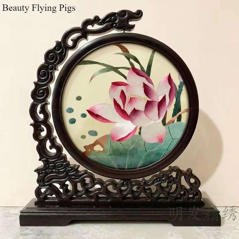 1pc, Su Embroidery Ornaments, Chinese Embroidery Crafts, Double Sided Embroidered Ornament, Solid Wood Desktop Decoration