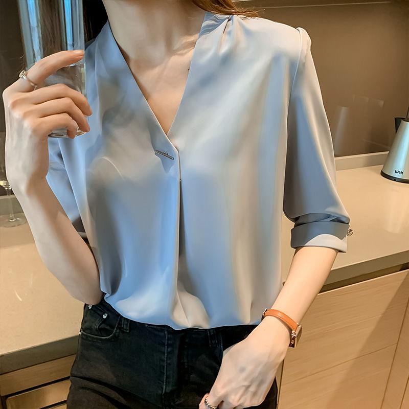 Summer Chiffon Blouse V Neck Loose Fit Korean Style Slimming Top Casual Elegant Basic Shirt