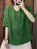 Johnature Women Vintage Solid Color T-Shirts O-Neck Half Sleeve Button Loose Summer Casual T-Shirts