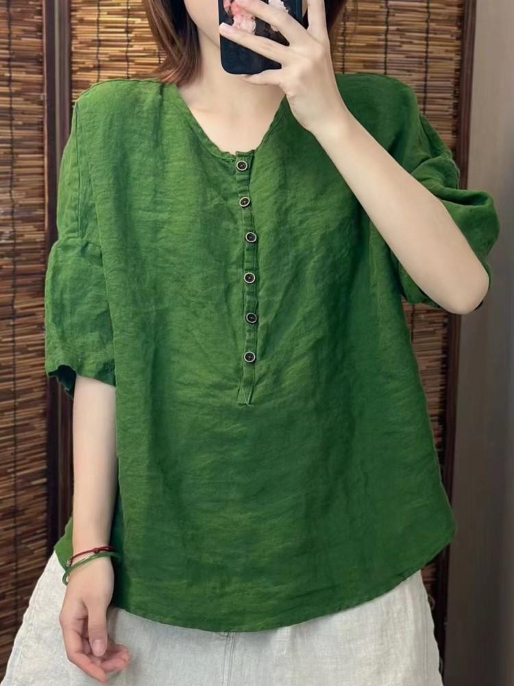 Johnature Women Vintage Solid Color T-Shirts O-Neck Half Sleeve Button Loose Summer Casual T-Shirts