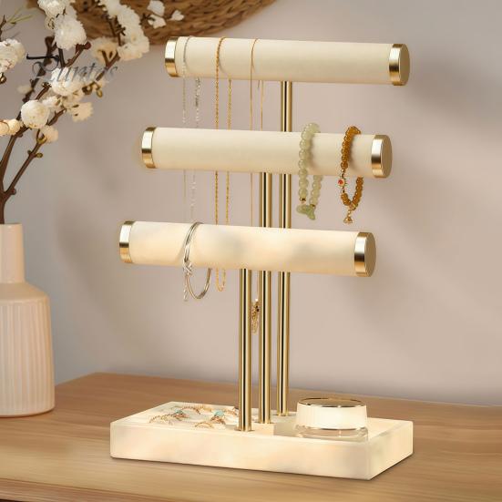 Multi-purpose Storage Rack 3 Tier Velvet Jewelry Organizer, T-shaped Holder for Bracelet, Necklaces Rings, & Earrings, Stand with Tray Countertop
